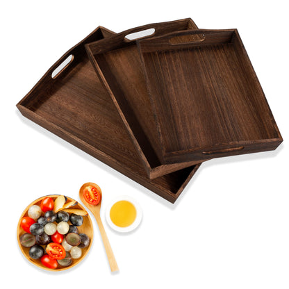 HEITICUP Wooden Serving Trays-Three Piece Set of Rectangular Shape Wood Coffee Table with Cut Out Handles, Kitchen Nesting Trays for Eating, Serving Pastries, Snacks, Mini Bars, Party - WoodArtSupply