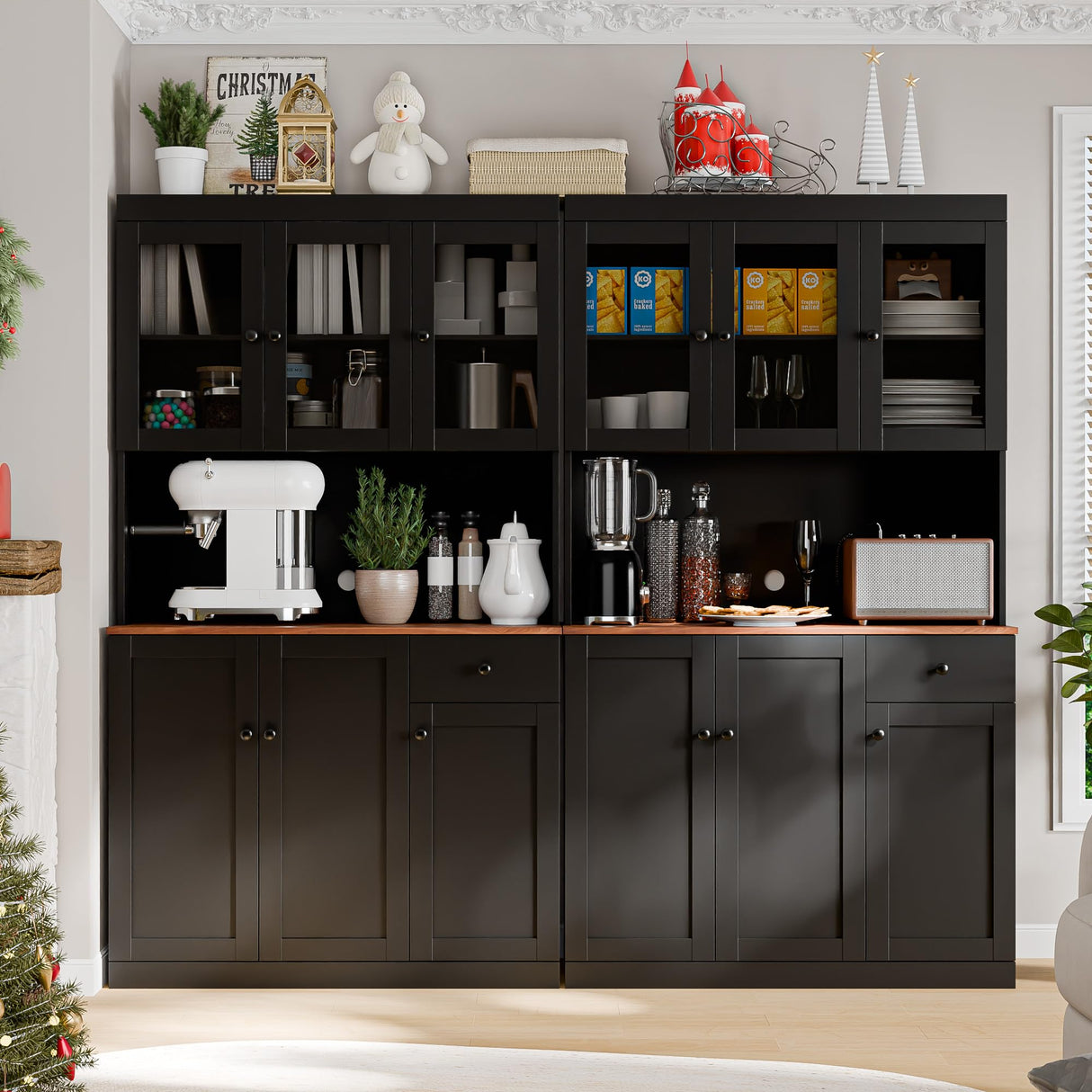 Cozy Castle Tall Kitchen Pantry Cabinet with Microwave Shelf, Modern Large Freestanding Sideboard Cupboard Kitchen Hutch Cabinet with Storage Countertop and Drawer for Dining Room, Living Room, Black Cozy Castle