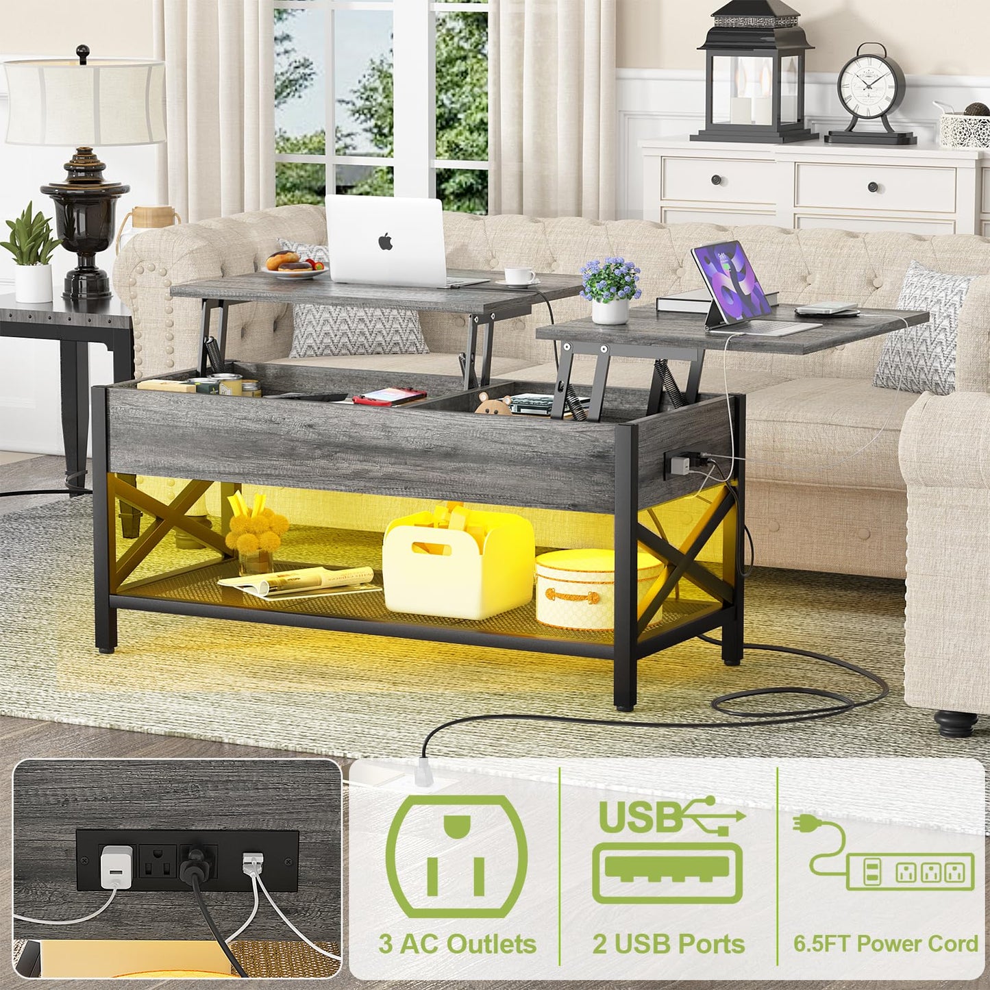 Aheaplus Lift Top Coffee Center Table with LED Light and Power Outlet, Modern Table with Storage Shelf for Living Room, Lift Tabletop, X Support, Metal Frame, Black Oak - WoodArtSupply