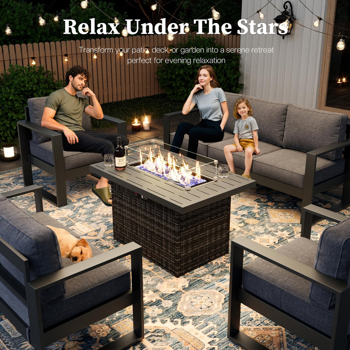 KHOLH 5 Piece Modern Aluminum Patio Furniture Set with Fire Pit Table, Outdoor Patio Sectional Conversation Metal Seating Sets with Olefin Cushion KHOLH