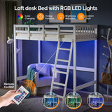 VINGLI Full Loft Bed with USB Charging Station/LED, Solid Wood Double Loft Bunk Bed with Flat Rungs for Kids/Teens/Adults, 15 inches High Guardrail,Wood Slat Support No Box Spring Needed, White VINGLI