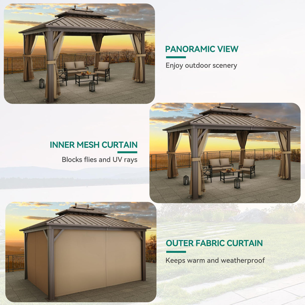 YITAHOME 10x12ft Hardtop Gazebo with Nettings and Curtains, Heavy Duty Double Roof Galvanized Steel Outdoor Combined of Horizontal Vertical Stripes Roof for Patio, Backyard, Deck, Lawn (Bronze) YITAHOME