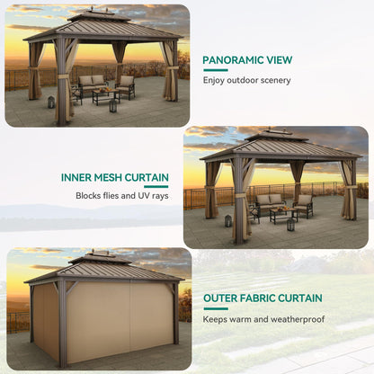 YITAHOME 10x12ft Hardtop Gazebo with Nettings and Curtains, Heavy Duty Double Roof Galvanized Steel Outdoor Combined of Horizontal Vertical Stripes Roof for Patio, Backyard, Deck, Lawn (Bronze)