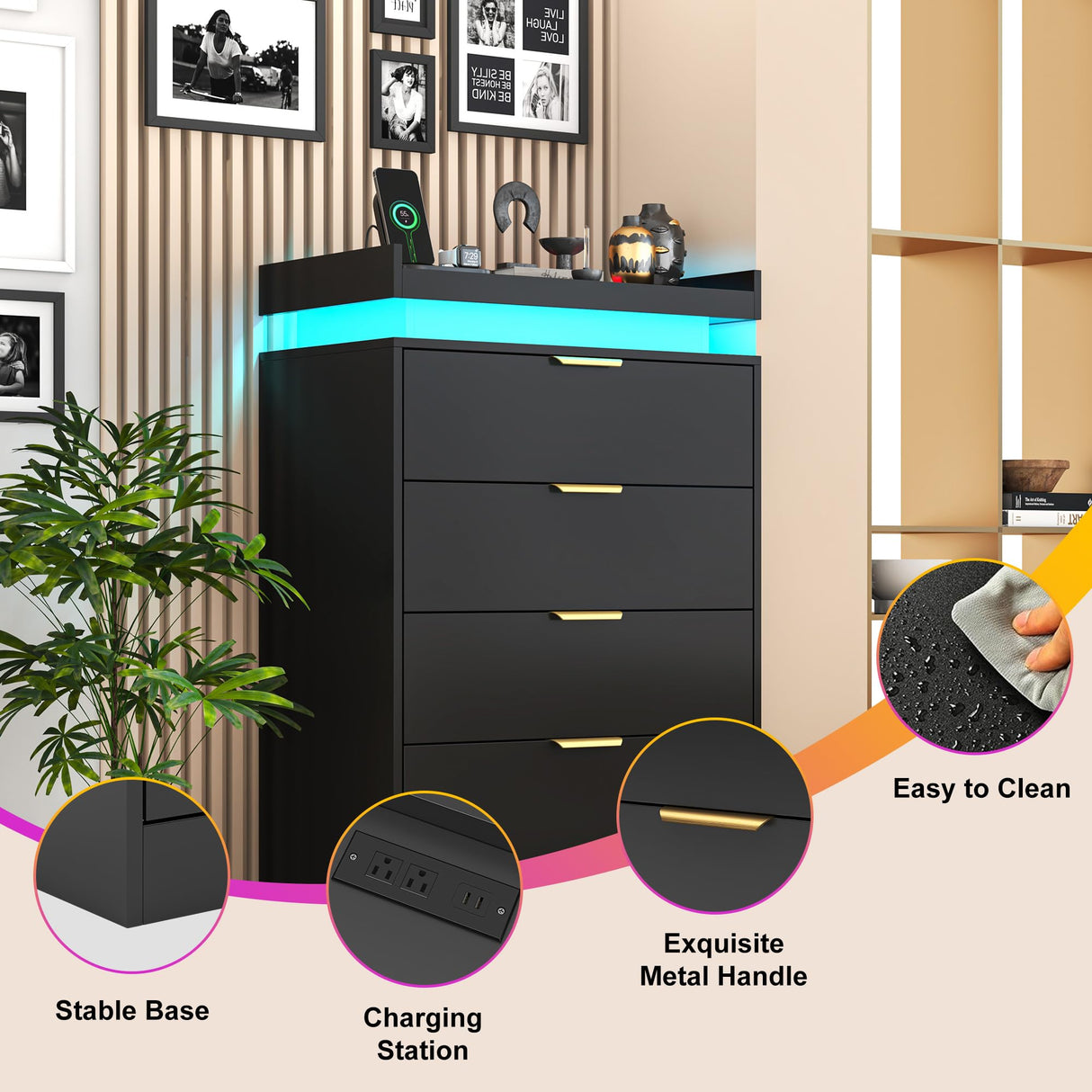 knoworld Tall Dresser for Bedroom, Black Dresser with LED Lights, Wood 5 Drawer Chest with Power Outlet, Modern Chest of Drawers for Bedroom, Living Room, Entryway, Hallway knoworld