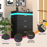 knoworld Tall Dresser for Bedroom, Black Dresser with LED Lights, Wood 5 Drawer Chest with Power Outlet, Modern Chest of Drawers for Bedroom, Living Room, Entryway, Hallway knoworld