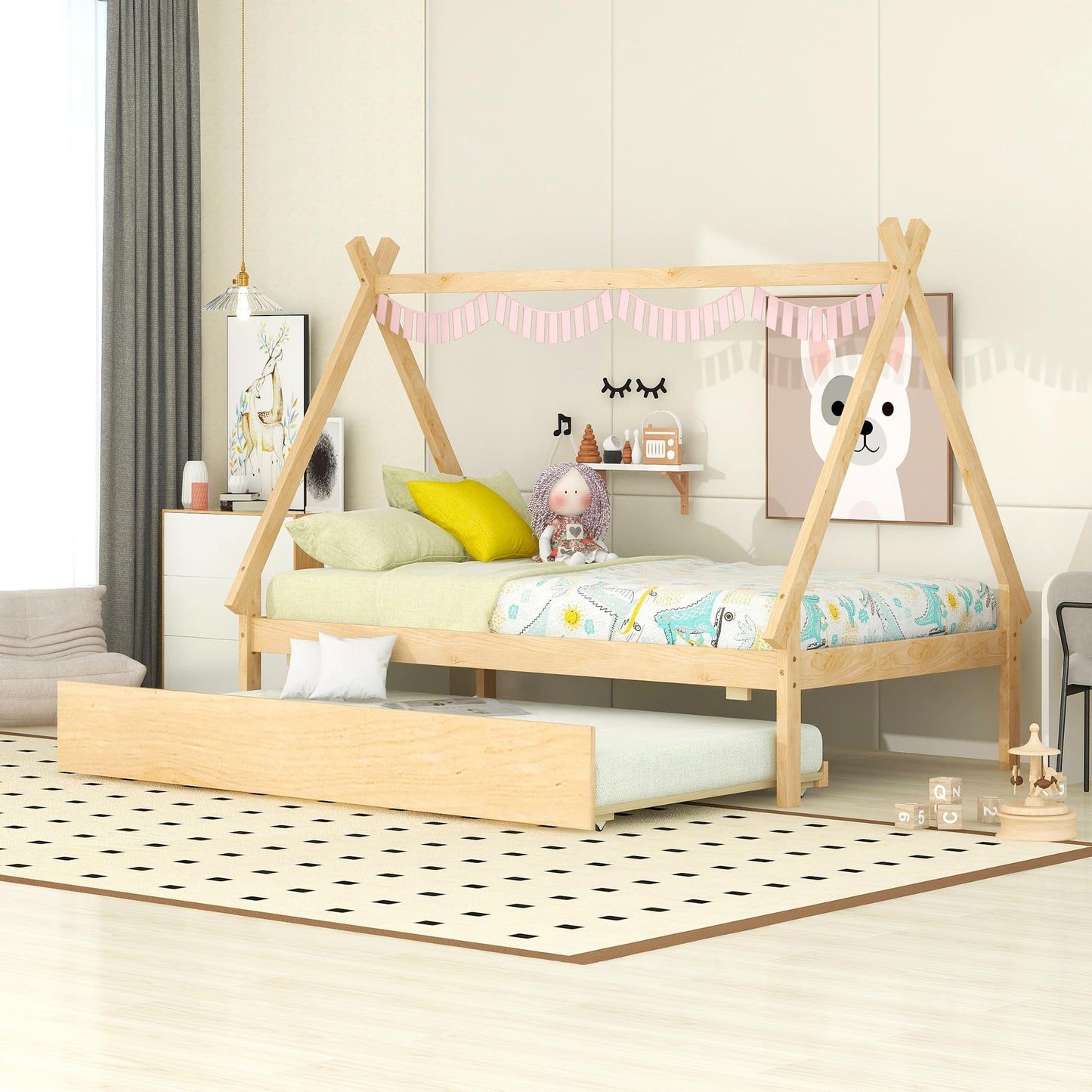 Harper & Bright Designs Twin Size Teepee Bed Frame with Trundle - Natural Wood Montessori Bed for Kids - WoodArtSupply