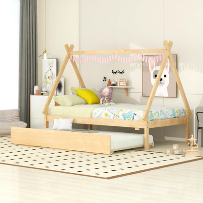 Harper & Bright Designs Twin Size Teepee Bed Frame with Trundle - Natural Wood Montessori Bed for Kids - WoodArtSupply