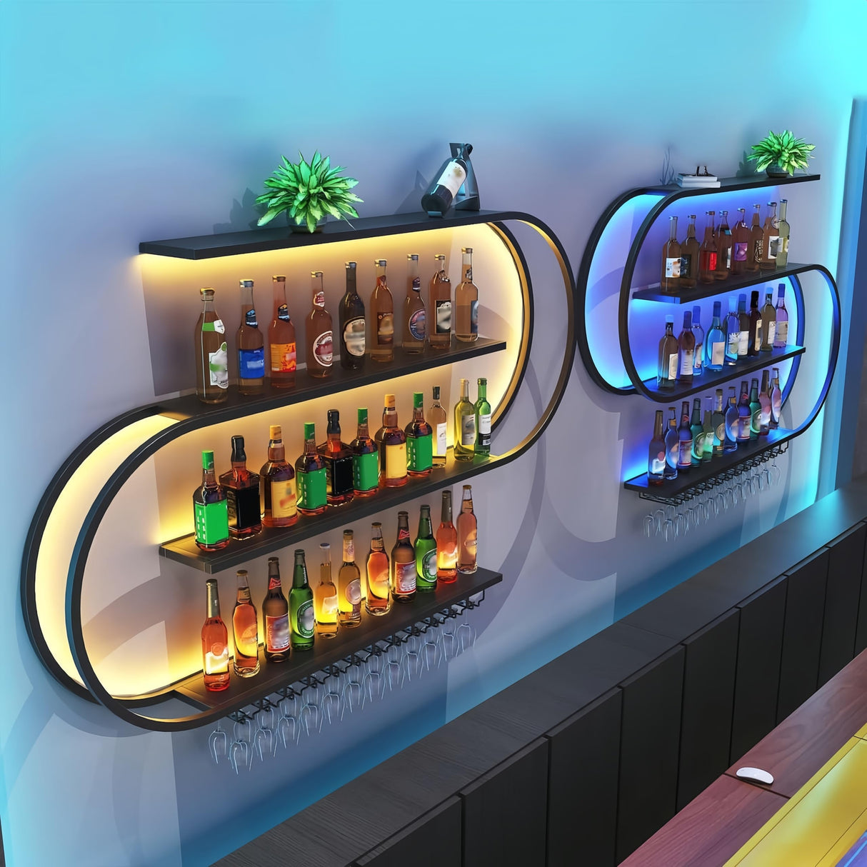 HFTUW 39 Inch Wall-Mounted Wine Rack with Led Light, 4-Tier Half Round Bar Shelves, Industrial Metal Display Storage Shelf & Wine Glass Hooks for Home Bar, Dining Room(Black-Blue Led, 39in/100cm) HFTUW