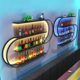 HFTUW 39 Inch Wall-Mounted Wine Rack with Led Light, 4-Tier Half Round Bar Shelves, Industrial Metal Display Storage Shelf & Wine Glass Hooks for Home Bar, Dining Room(Black-Blue Led, 39in/100cm) HFTUW