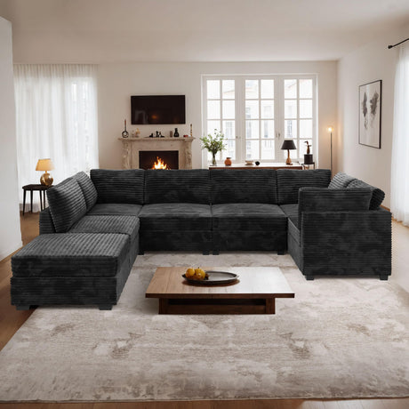 ovios 130.7" Modular Sectional Sofa Couch, U-Shaped Minimalist Couches with Sofa Bed Chaise, Modern Deep Seat Cloud Plush Corduroy Sofas Set for Living Room, 7 Seat, Black ovios