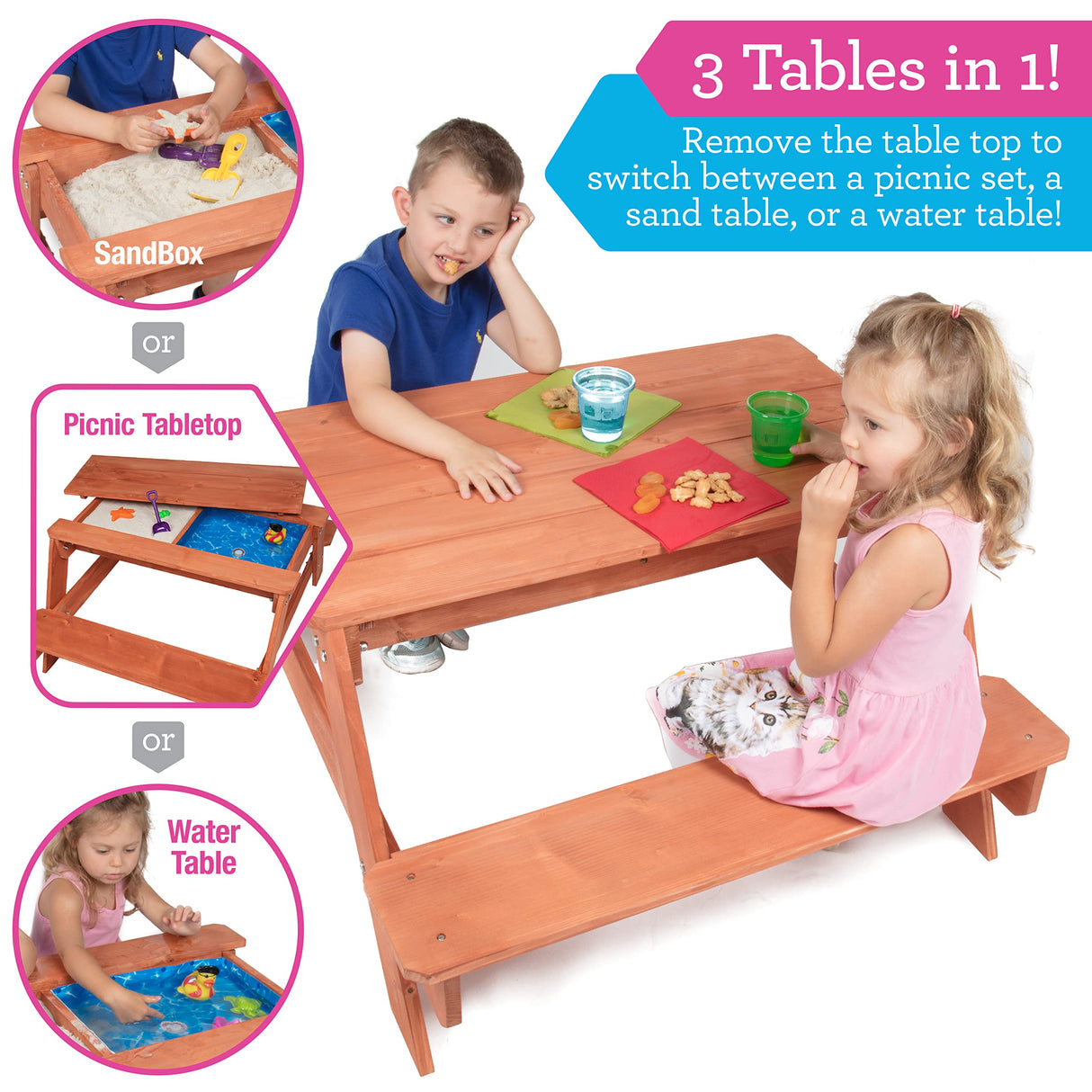 Svan 3 in 1 Indoor/Outdoor Picnic Table- Kids Sand & Water Activity Set w Removable Top & Dual Drains for Easy Cleaning (43 X 35 X 19 in)- Safe & Fun Sandbox Play- Wooden Playbox Boys Girls Xmas Gift Svan