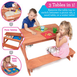 Svan 3 in 1 Indoor/Outdoor Picnic Table- Kids Sand & Water Activity Set w Removable Top & Dual Drains for Easy Cleaning (43 X 35 X 19 in)- Safe & Fun Sandbox Play- Wooden Playbox Boys Girls Xmas Gift Svan