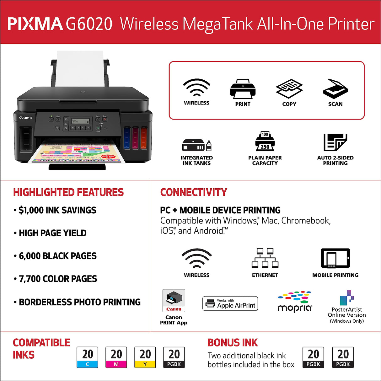 Canon PIXMA G6020 All-in-One Supertank Wireless (Megatank) Printer, Copier and Scan with Mobile Printing, Black, Works with Alexa Canon