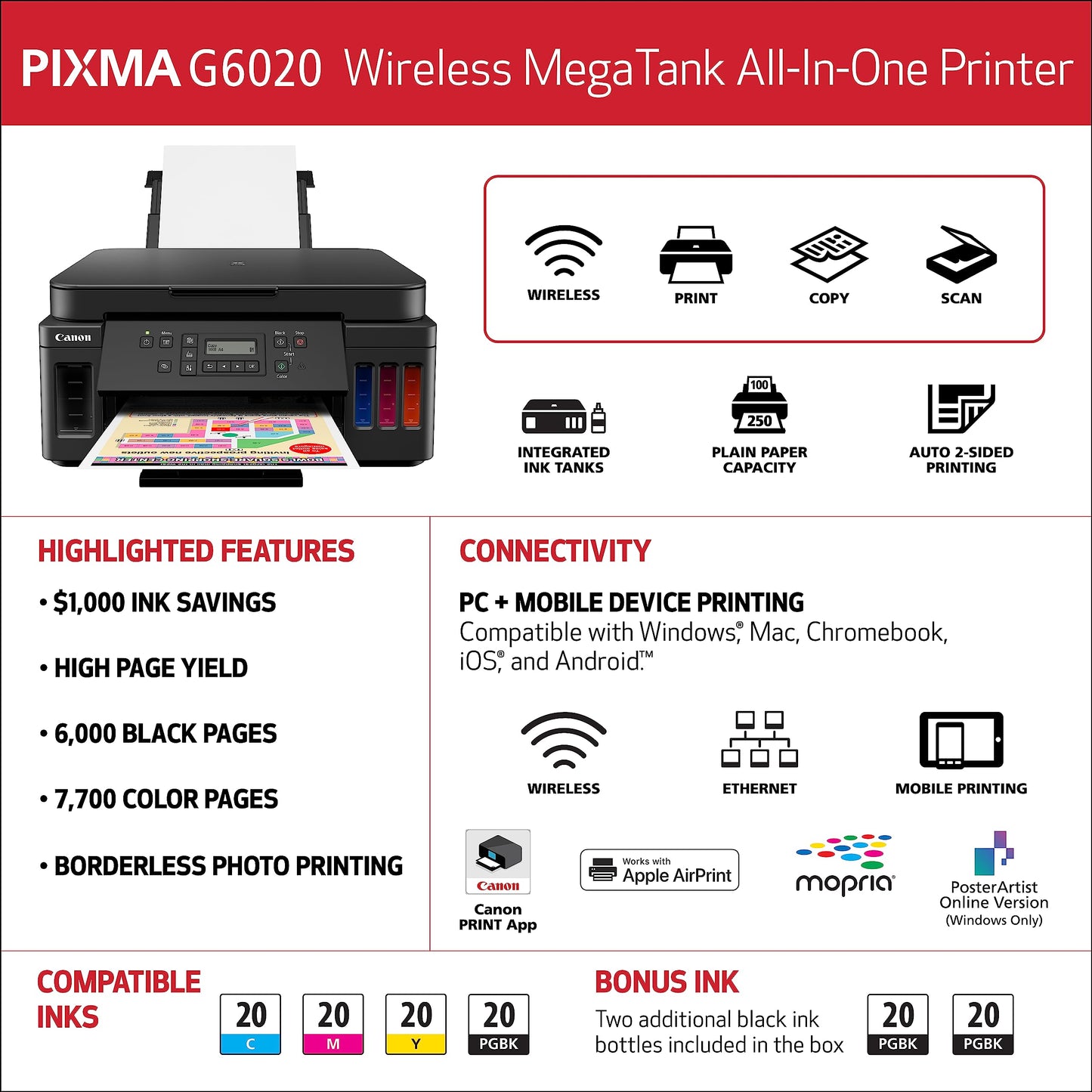 Canon PIXMA G6020 All-in-One Supertank Wireless (Megatank) Printer, Copier and Scan with Mobile Printing, Black, Works with Alexa