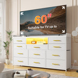 EnHomee Dresser TV Stand with 11 Drawers for 60" TV Stand for Bedroom with LED Lights & Power Outlets Long Dresser for Bedroom with Shelves & 4 Hooks Sturdy Metal Frame & Wood Top, White EnHomee