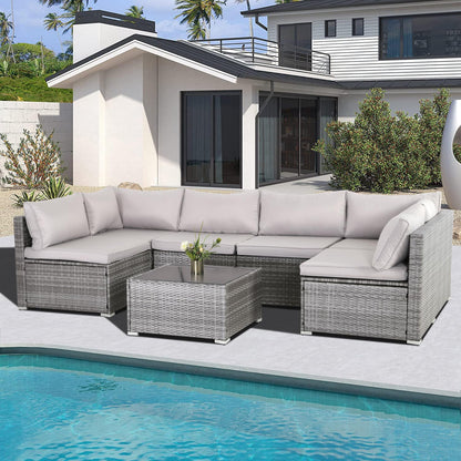 IJIALIFE 7 Pieces Patio Furniture Set, Modular Patio Set Wicker Outdoor Sectional Sofa Set PE Rattan Wicker Patio Conversation Set with Thickened Cushions and Coffee Table,Gray Wicker/Gray Cu - WoodArtSupply