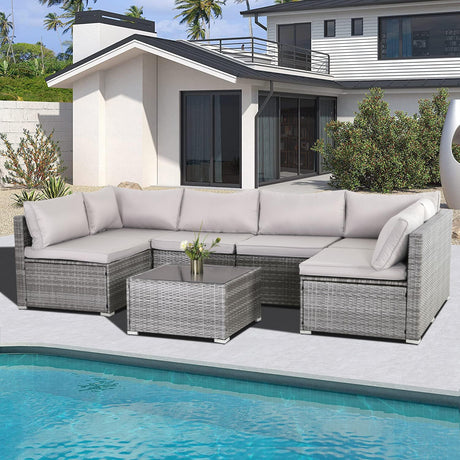 IJIALIFE 7 Pieces Patio Furniture Set, Modular Patio Set Wicker Outdoor Sectional Sofa Set PE Rattan Wicker Patio Conversation Set with Thickened Cushions and Coffee Table,Gray Wicker/Gray Cushion IJIALIFE