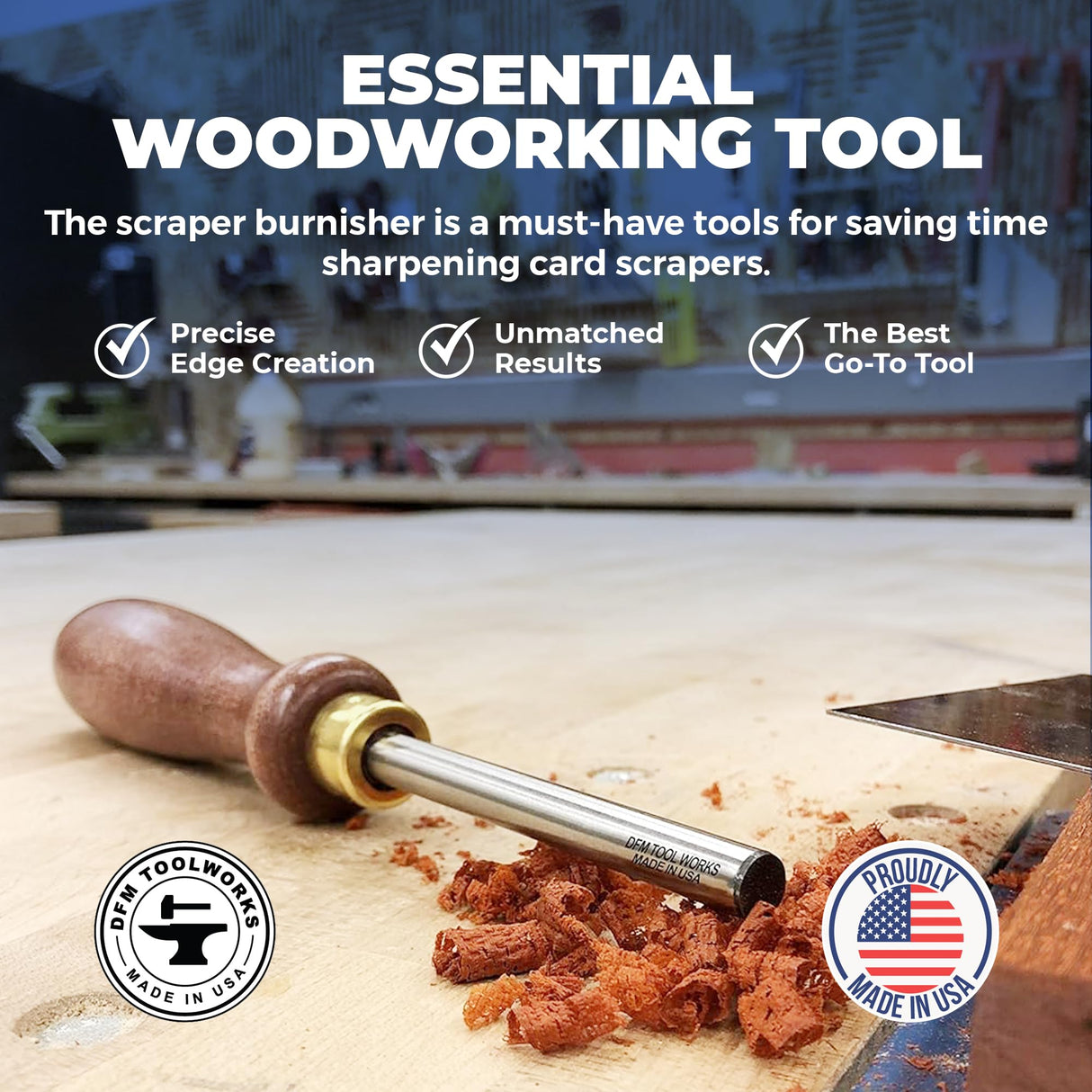 DFM Tool Works Cabinet Scraper Burnisher Tool - with Hard Maple Handle and Super Hard High Speed Steel Rod - Ideal for Card Scraper Burnishing and Woodworking Applications - Made in USA DFM Tool Works