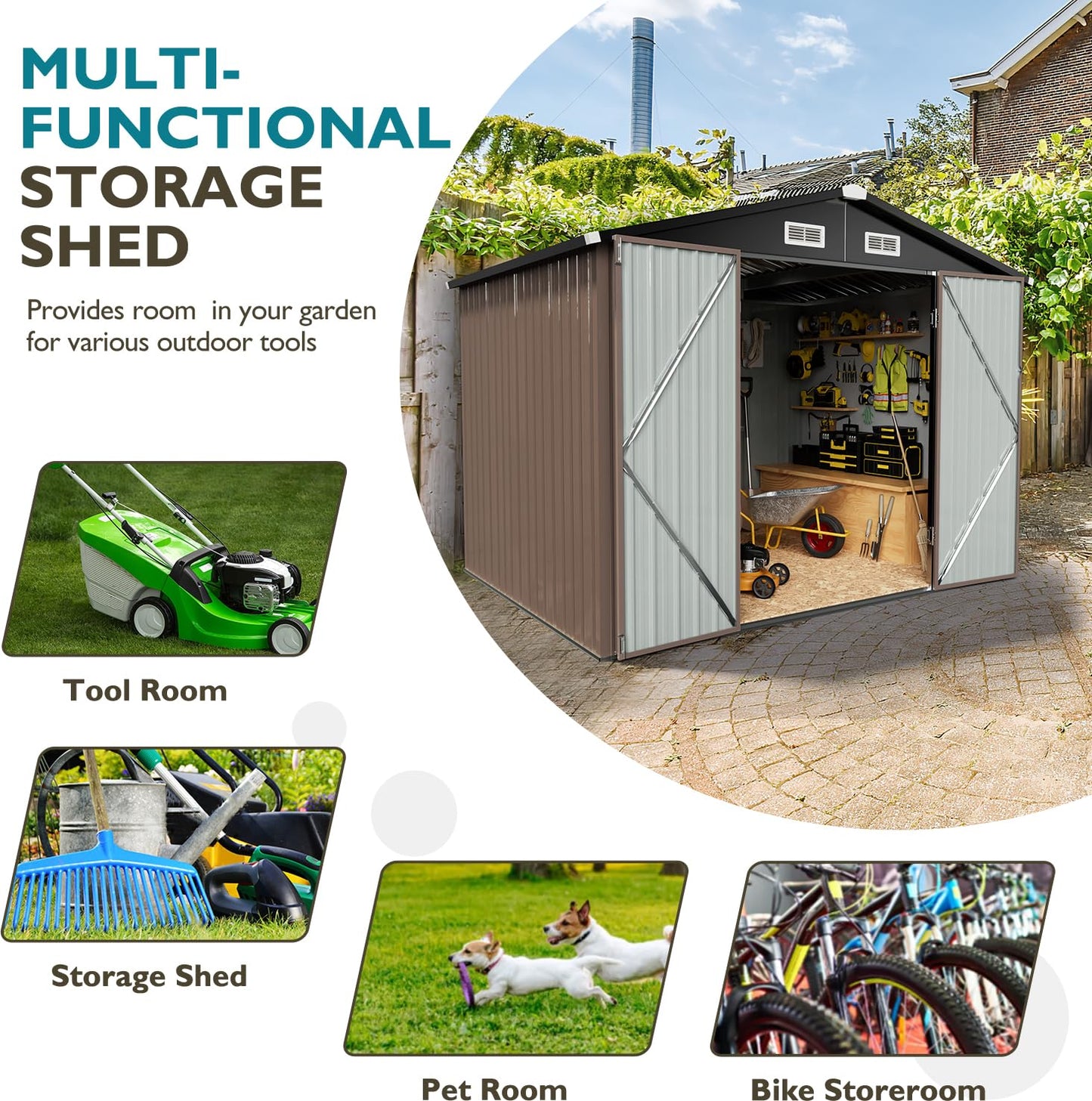 Breezestival Outdoor Storage Shed 5.6x8.5 FT, Utility Steel Tool Shed with Lockable Door and Air Vents, Galvanized Metal Shed for Garden Backyard Patio Lawn (6' x 8')