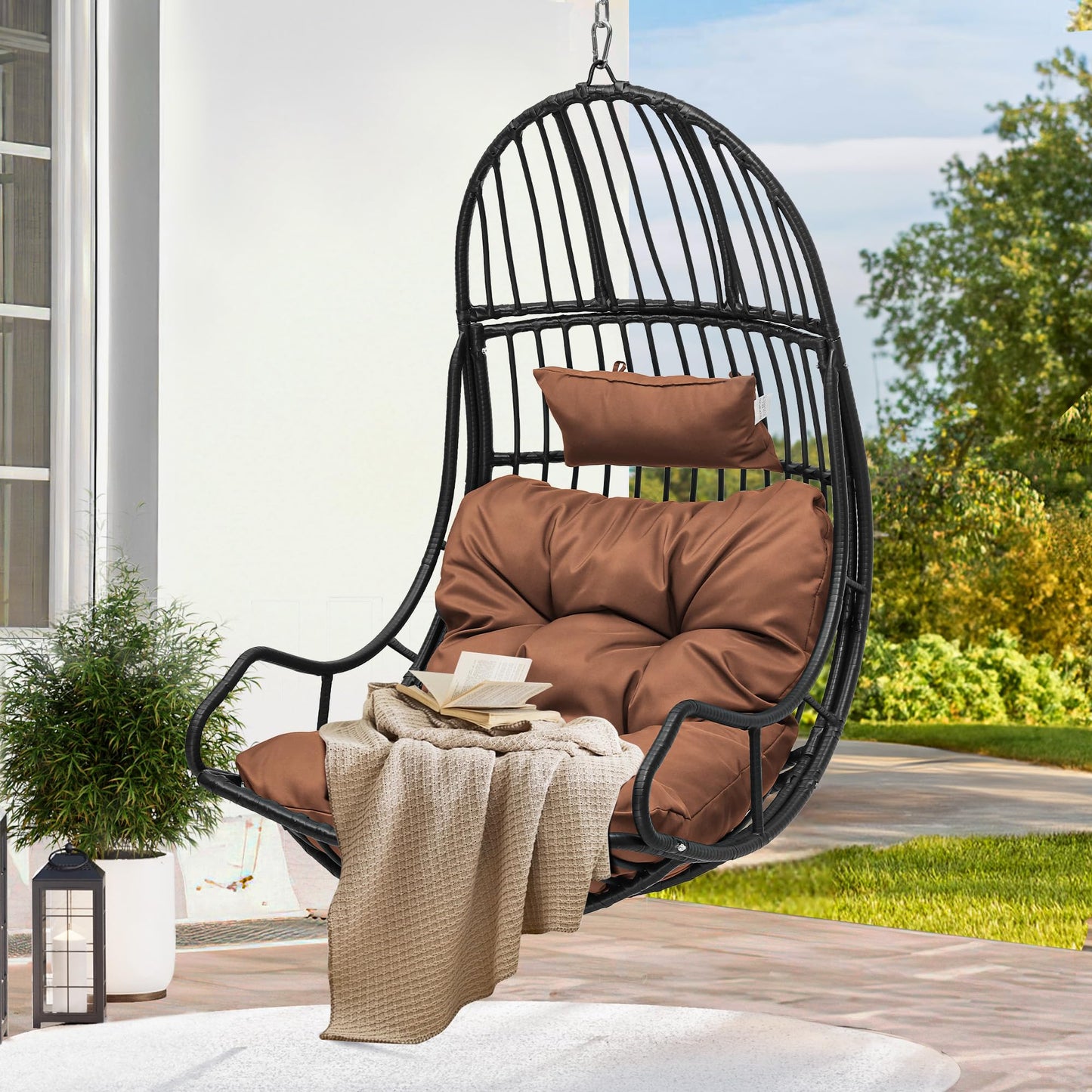 YITAHOME Hanging Egg Swing Chair Egg Chair Wicker Indoor Outdoor Hammock Egg Chair with Cushions 330lbs for Patio, Bedroom, Garden and Balcony, Brown (Stand not Included)