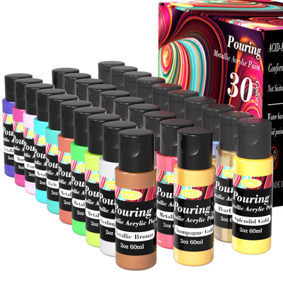 Metallic Acrylic Pouring Paint, Set of 30 Metallic Colors Fluid acrylic paint, Pre-Mixed High Flow & Ready to Pour(30x 2 oz./ 60 ml), Pouring Painting Supplies for Easter Decorations, Canvas & Paper, Rocks, Wood, and More