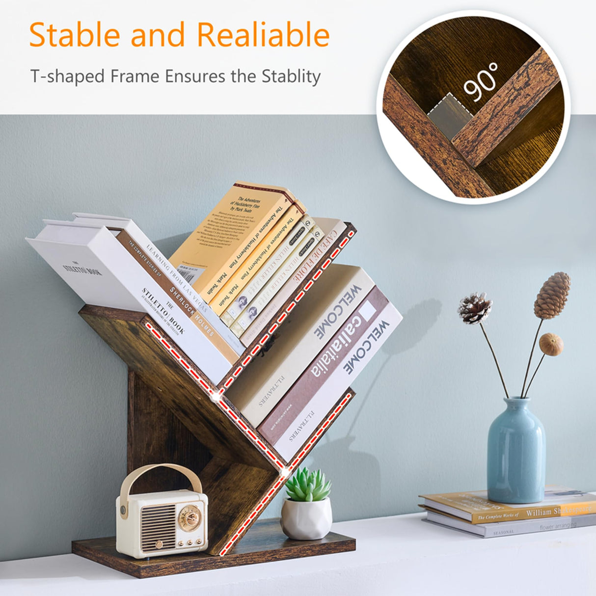 Tajsoon Tree Bookshelf 3 Tier Book Storage Organizer Shelves, Desktop Bookshelf Floor Standing Bookcase Display for CDs/Magazine/Books, Small Bookshelf for Bedroom, Living Room Office, Rustic Brown Tajsoon