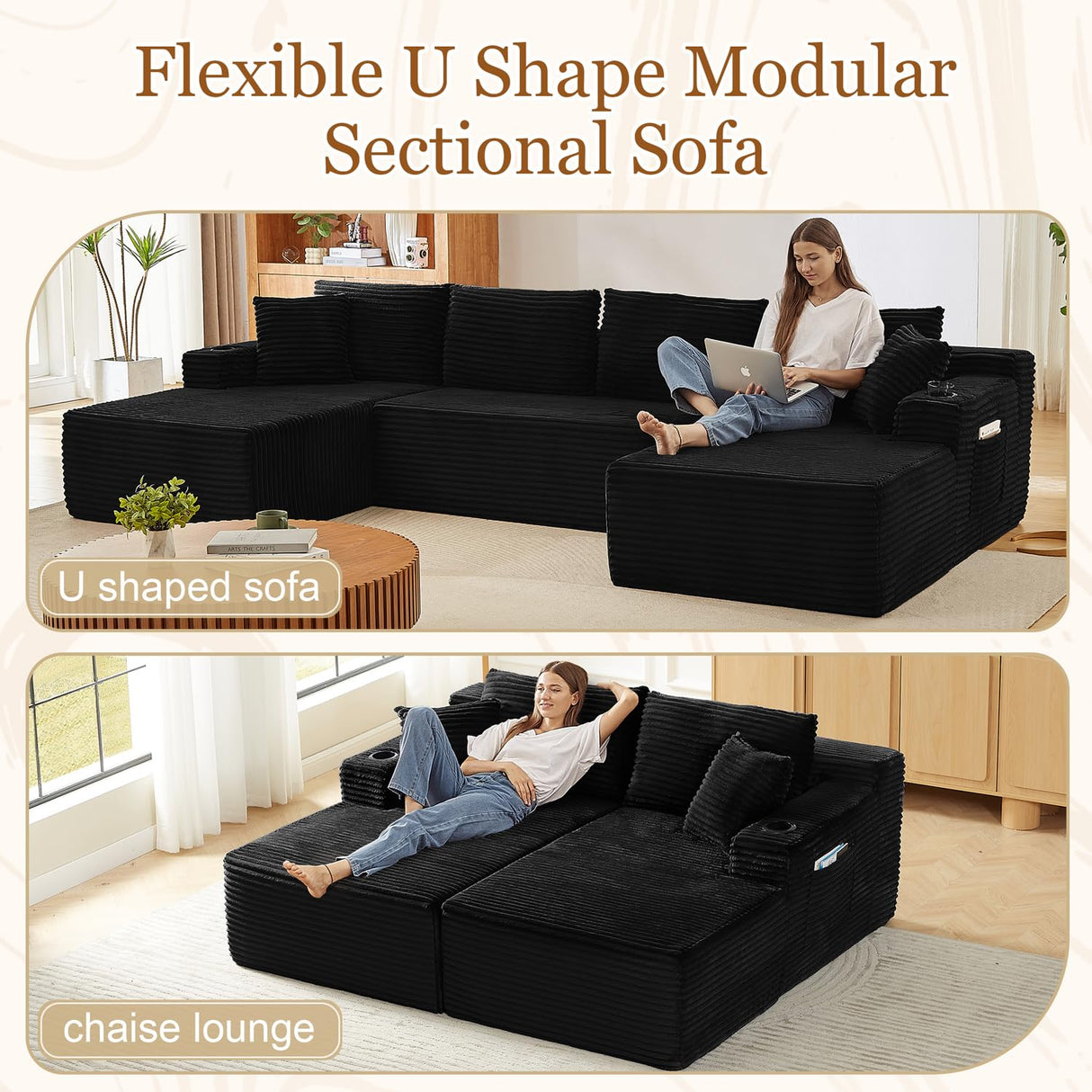134 Inch Modular Sectional Sleeper Sofa, Boneless Cloud Couch for Living Room, U Shaped 5 Seat Sofa with 2 Storage Pockets& 2 Cup Holders, Free Combination, No Assembly Required (Black) HANXIN
