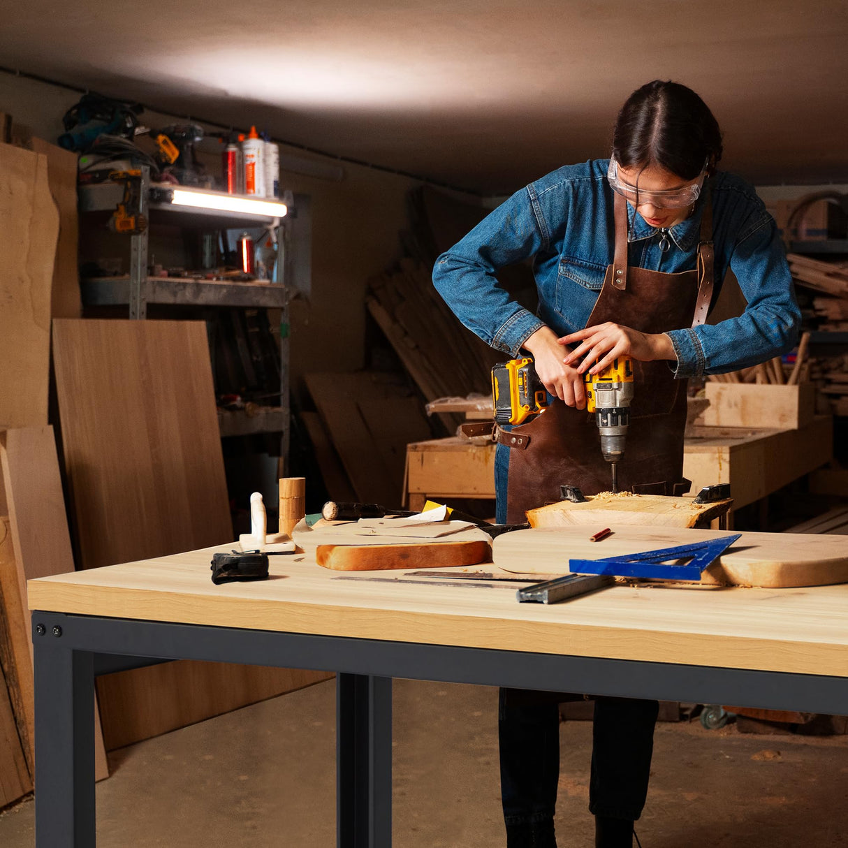 Adjustable Height Wood Workbench, 60" L X 24" W 2000 Lbs Capacity Heavy Duty Work Bench, Smooth Surface Work Table with Power Outlets for Garage, Workshop, Office, Home Antifir