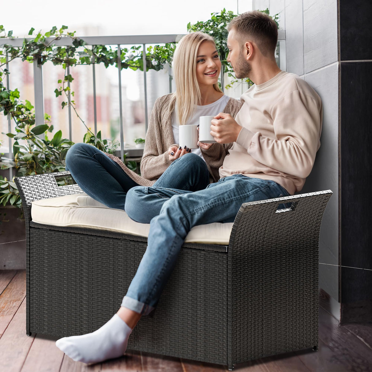 YITAHOME 90 Gallon Outdoor Wicker Storage Bench w/Cushion, Large PE Rattan Deck Storage Box w/Handles & Hydraulics for Patio Furniture, Cushions, Garden Tools, Pool & Sports Equipment, Black&Beige YITAHOME