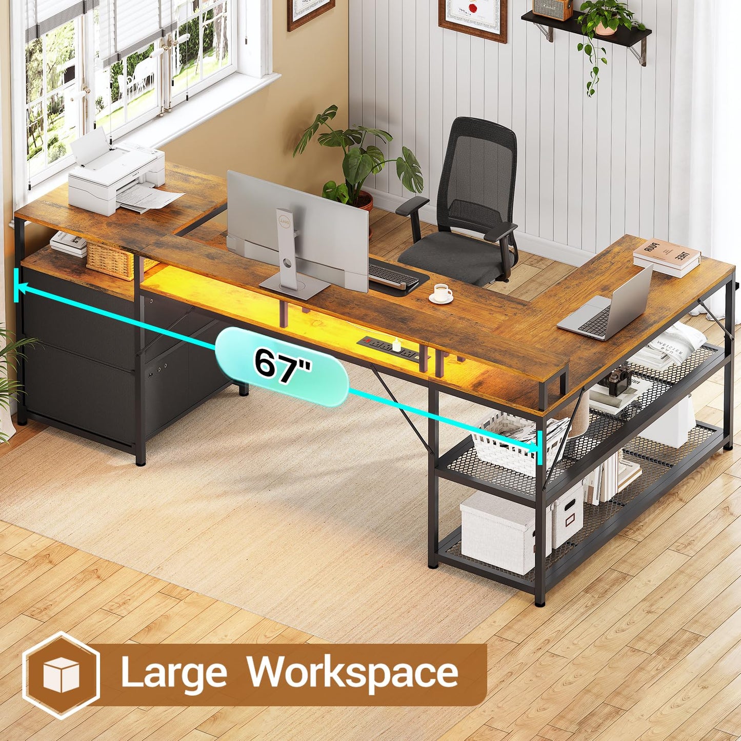 SEDETA 67" L Shaped Desk with Drawers, Computer Office Desk with Storage Shelves & Power Outlet, Reversible Gaming Desk with LED Lights for Home Office, Rustic Brown - WoodArtSupply