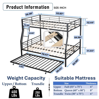 PVWIIK Bunk Bed Full Over Queen with Trundle and Ladder for Girls/Boys/Teens/Adults,Heavy Duty Bunk Bed Frame w/Wood Slat Support,No Box Spring Needed,Black