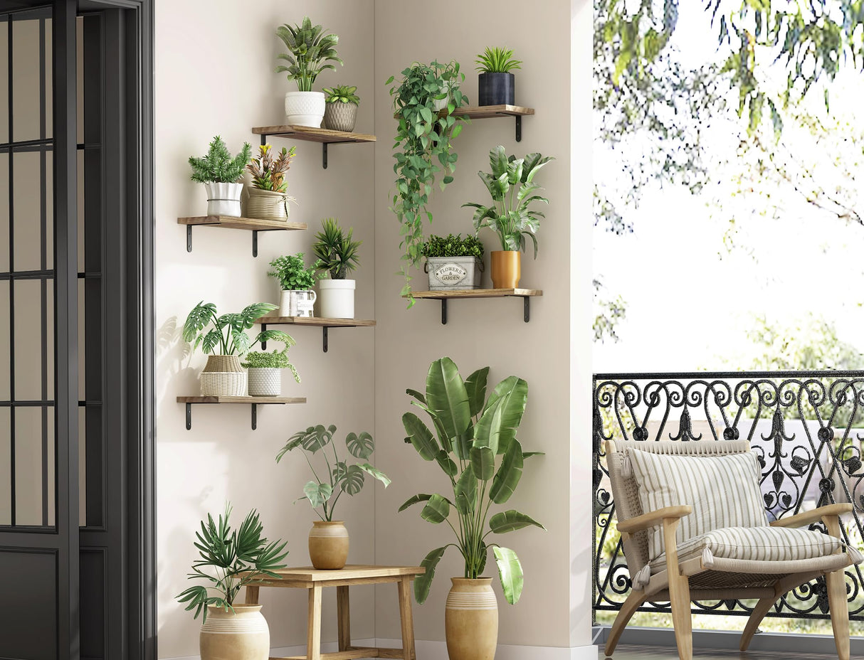 Fixwal Wood Floating Shelves for Wall Decor, Wall Shelves Set of 6, Wall Mounted Floating Shelf for Bedroom Decor, Bathroom Storage, Farmhouse Shelf for Wall - Rustic Brown Fixwal