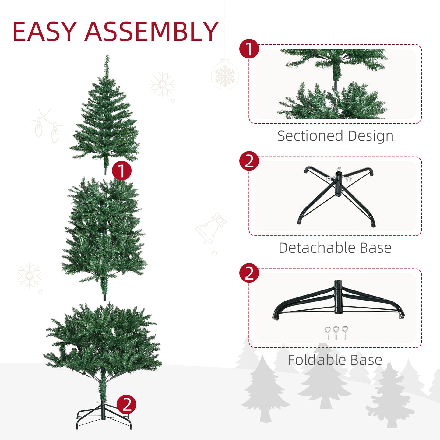 HOMCOM 7' Tall Unlit Slim Fir Artificial Christmas Tree with Realistic Branches, and 865 Tips, Green