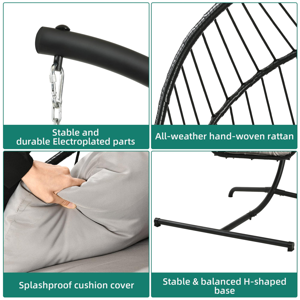 YITAHOME Hanging Egg Chair with Stand, Rattan Wicker Swing Egg Chair with Resistant Cushion, 300lbs Capacity, Foldable Hanging Basket Chair for Porch, Garden, Bedroom, Balcony - Grey YITAHOME