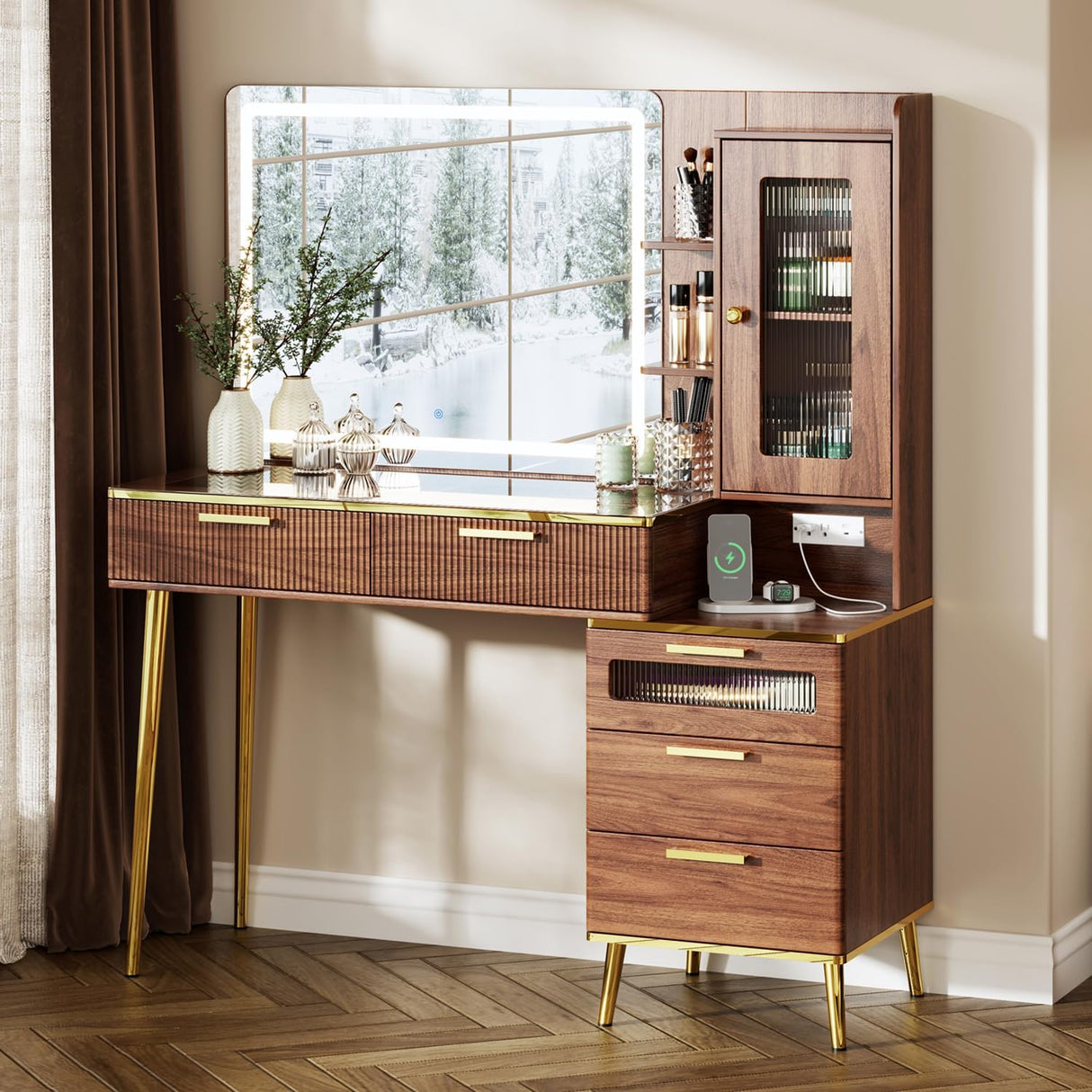 Chrangmay 47.24" Big Modern Vanity Desk with Mirror and Lights,Makeup Vanity Desk with 5 Drawers and Storage Shelves & Power Outlet,Dressing Table with Glass Top, Brown Chrangmay