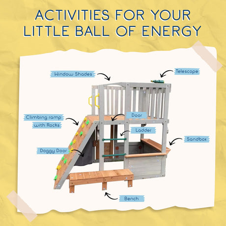 Funphix Large Playhouse for Kids Outdoor Wooden Playhouse with Sandbox, Bench, Play Telescope, Ladder, Climbing Ramp & Doors - Durable 2 Levels Lookout Post Outdoor Playset for Backyard Funphix