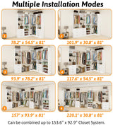 Vomavex Closet System with 4 sets, 101.9" Closet Organizer Systems with 6 Drawers & 8 Hanging Rods & Adjustable Shelves, Walk in Closet Standing Closet System, Corner Closet System Set, White vomavex