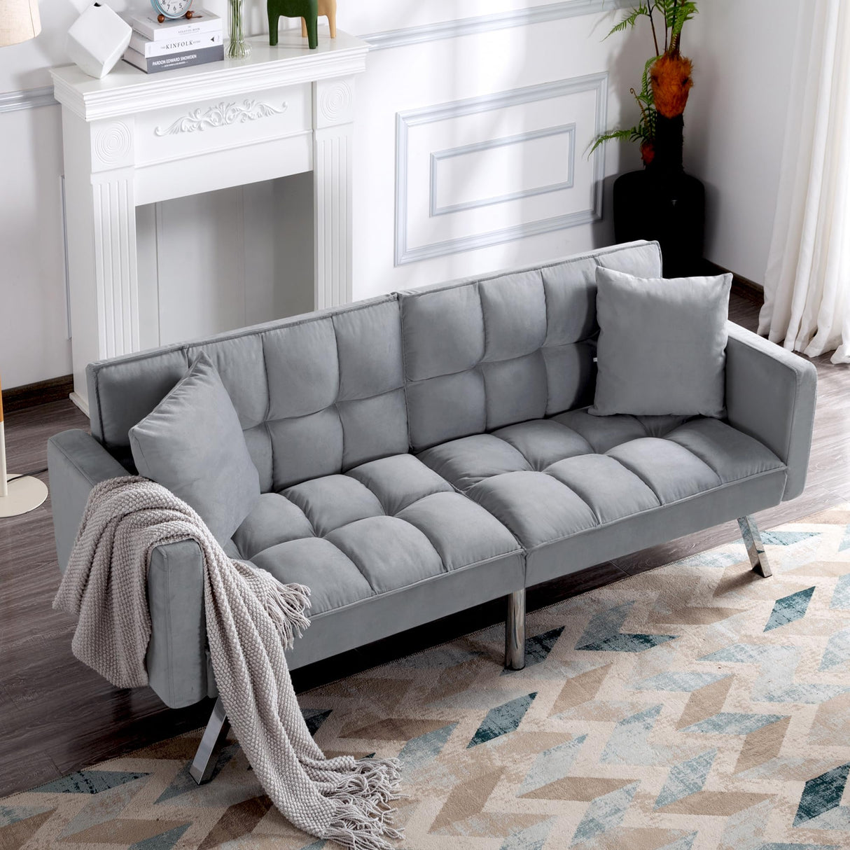 Modern Velvet Futon Sofa Bed,Convertible Sleeper Loveseat with 4 Folding Backrest,78" Comfy Deep Seat Cloud Couch Bed for Living Room Apartment Office (Light Grey) Majnesvon