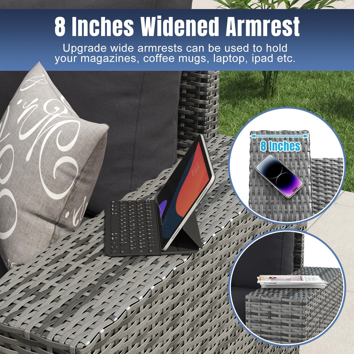 Aoxun 6 Pieces Patio Furniture Set Wicker Rattan Outdoor Sectional Conversation Set with Coffee Table and 4” Thickened Cushions, Gray Black (Waterproof Cover Included) Aoxun