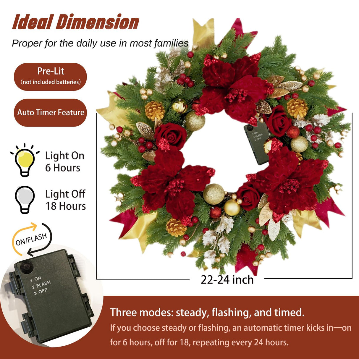 Christmas Wreaths for Front Door, Soomeir Outdoor Winter Wreaths, Large Welcome Wreath with Lights for Holiday Outside Indoors Office Mantle Window (Red Gold) Soomeir