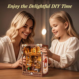 FUNPOLA 3D Wood Puzzle Book Nook Kit, Caramel Dream Cat Café Bookshelf Insert with LED Lights, DIY Miniature Bookend Décor for Display, Cozy Craft Gift for Cat Lovers and Teens (Caramel Dream) FUNPOLA