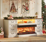 Huuger Fireplace TV Stand with LED Lights for 75 80 Inch TV, 3-Side Glass Fireplace Entertainment Center, 70 Inch Farmhouse TV Stand with 4 Deep Drawers for Living Room, Distressed White Huuger