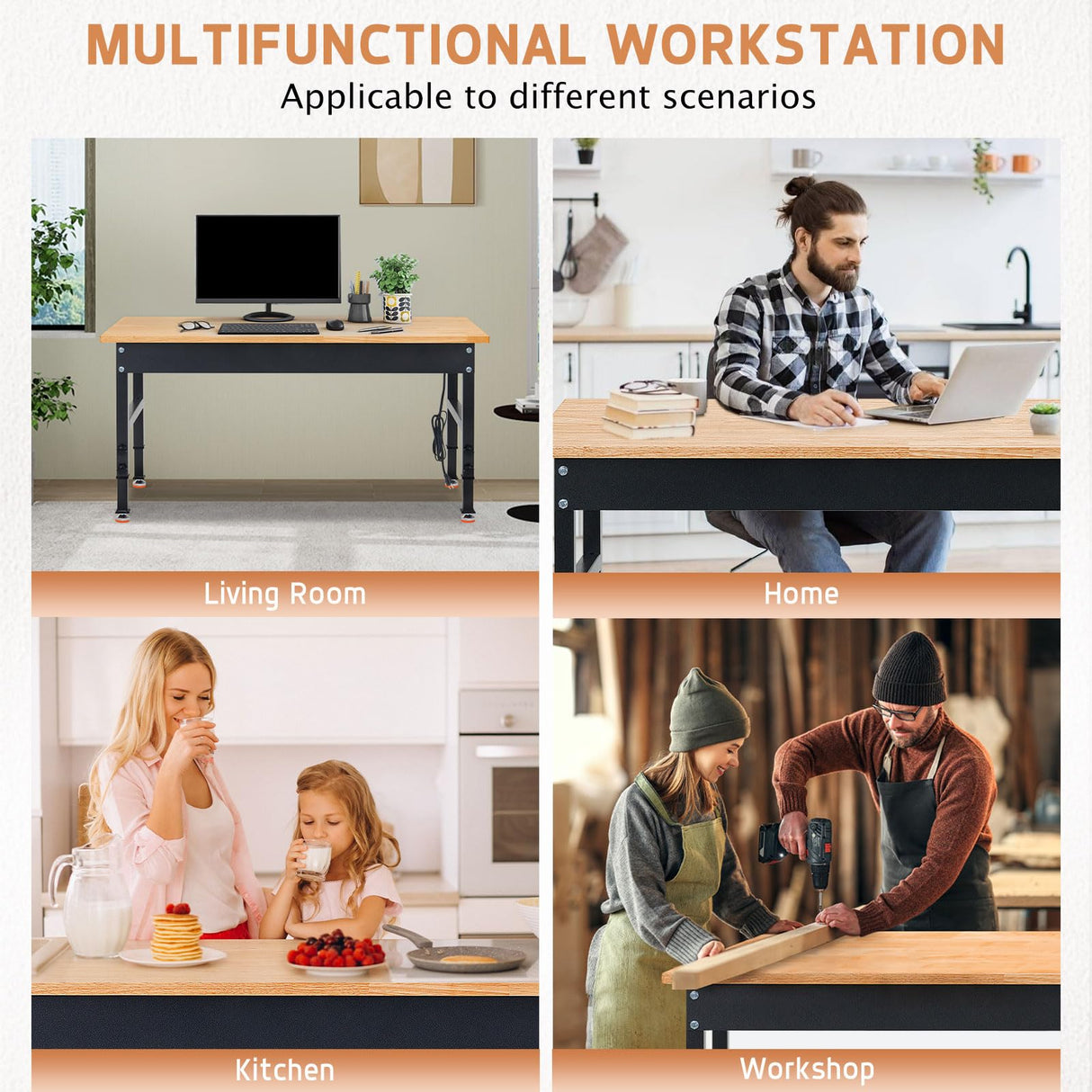 DAKITO 48" Heavy-Duty Workbench Adjustable Work Bench Work Table 2000 LB Load Capacity w/Hardwood Top, Power Outlets, Foot Pads and Metal Frame for Garage, Workshop, Office, Home, Workstation DAKITO