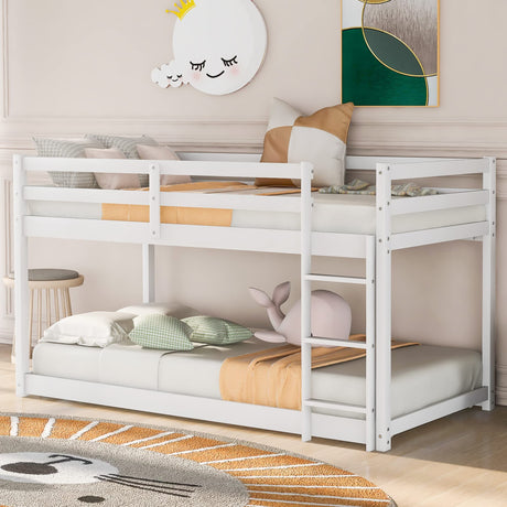 ZJIAH Twin Over Twin Low Bunk Bed with Ladder and Safety Guardrails - Durable Wooden Design in White ZJIAH