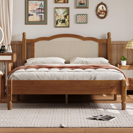JIVOIT Wooden Platform Bed with Natural Rattan Headboard, Queen Size Platform Bed with Wooden Slat Support, Vintage Rattan Bed Frame, No Box Spring Needed (Walnut,Queen,233) JIVOIT