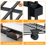 Furnulem Queen Bed Frame with Storage Drawers, Upholstered Headboard, LED Lights, and Charging Station - Black Oak Furnulem