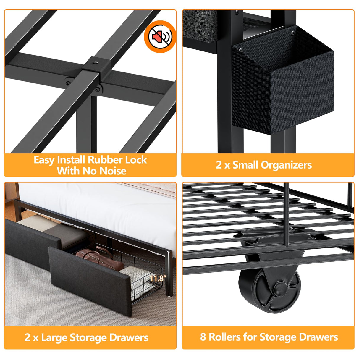 Furnulem Full Size Bed Frame with Headboard, Bed Frame Full Size with Storage Drawers, Charging Station and LED Lights, Metal Platform No Box Spring Needed, Upholstered Headboard, Noise Free, Black Furnulem