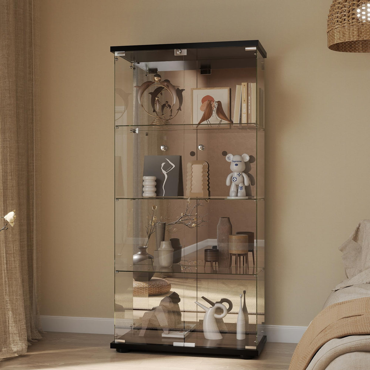 Display Cabinet with Mirror, Glass Door and Lock, 4-Shelf Fast Installation in 30Mins Curio Cabinet with 5mm Tempered Glass Floor Standing Bookshelf for Bedroom, Living Room, 65'' x32'' x14'', Black GDJAASJI