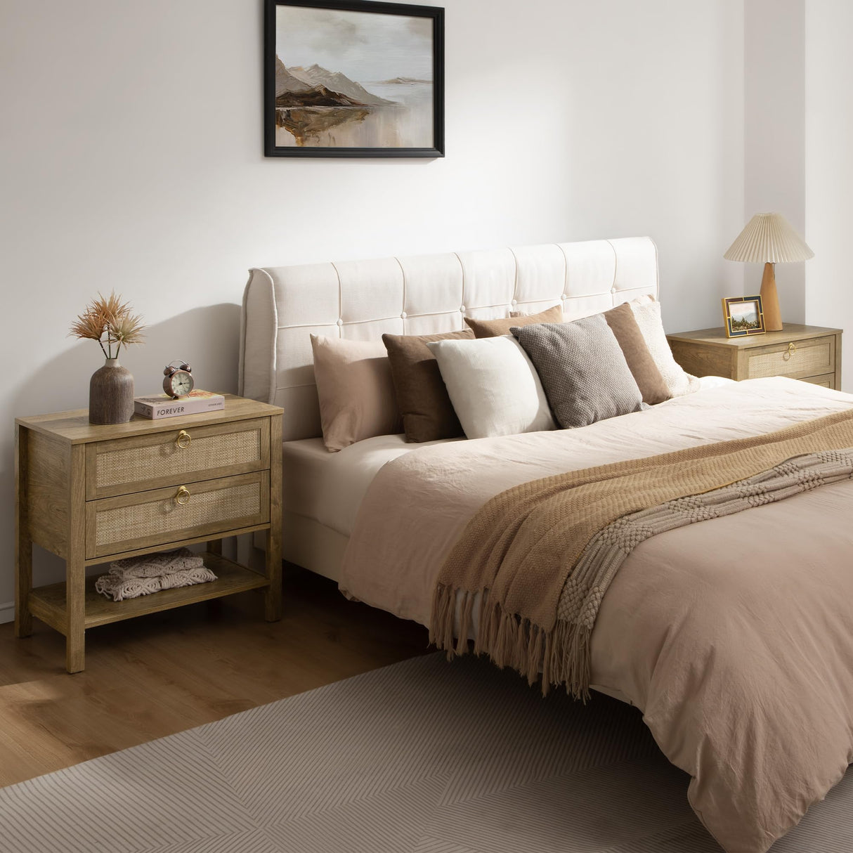 SICOTAS Night Stand Set of 2, Rattan Nightstand with Drawers and Storage Shelf - Boho Bedside Table Narrow Side Table for Bedroom, Small Space SICOTAS