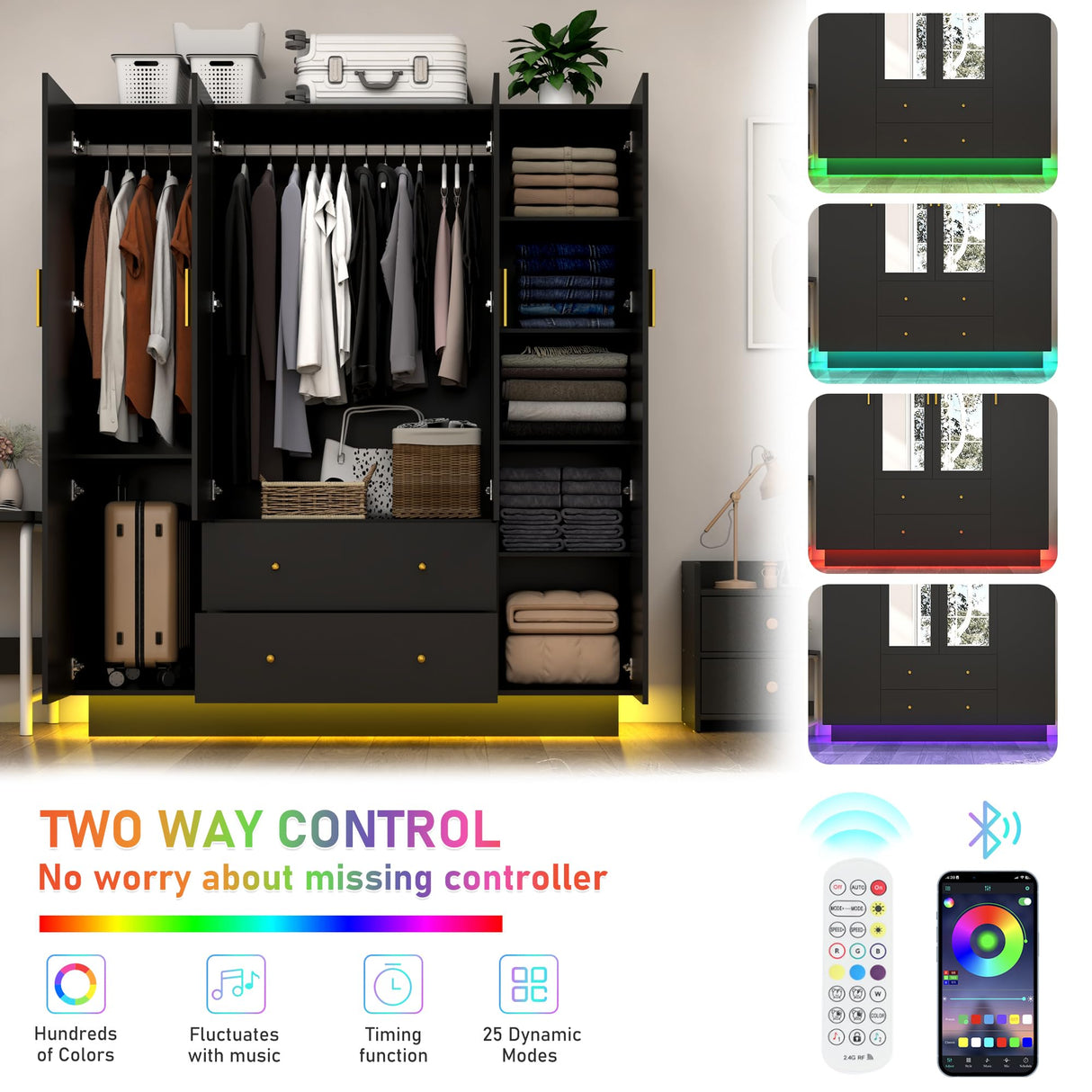 jiteentarou 4 Door Wardrobe Closet with Mirrors and LED Lights, Bedroom Armoire with Drawers and Shelves, Modern Wooden Armoire Wardrobe Closet with Hanging Rod for Bedroom, Black jiteentarou